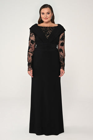 Long Beaded Tulle Sleeve Crepe Long Dress