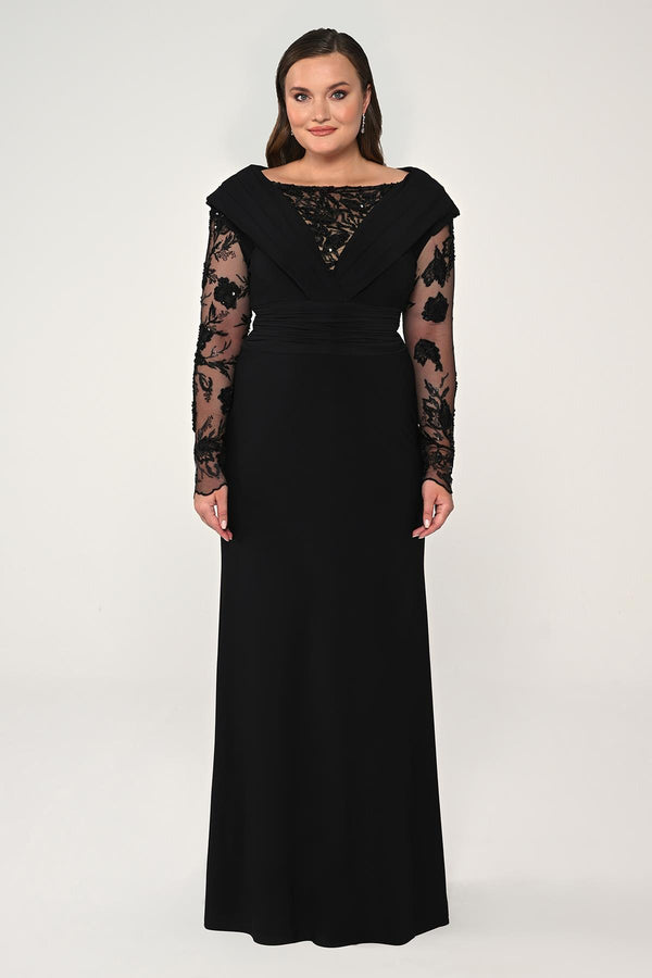 Long Beaded Tulle Sleeve Crepe Long Dress