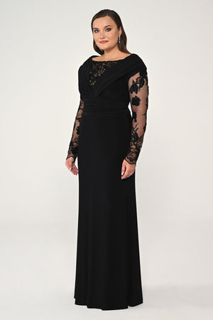 Long Beaded Tulle Sleeve Crepe Long Dress