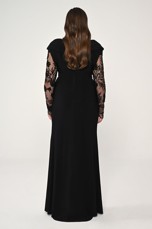 Long Beaded Tulle Sleeve Crepe Long Dress