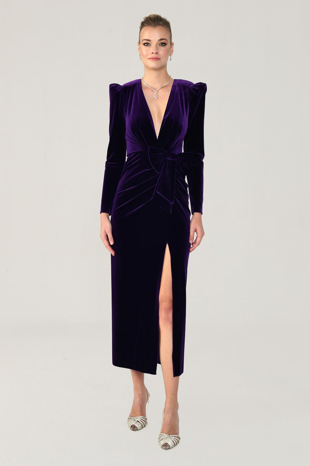 Long Sleeve Deep V-Neck Velvet Midi Dress