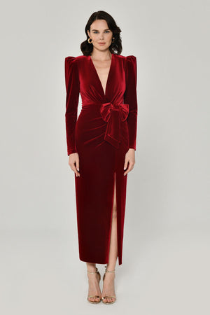 Long Sleeve Deep V-Neck Velvet Midi Dress