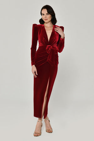 Long Sleeve Deep V-Neck Velvet Midi Dress