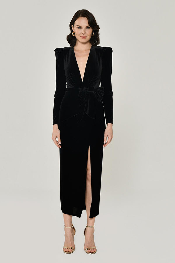 Long Sleeve Deep V-Neck Velvet Midi Dress