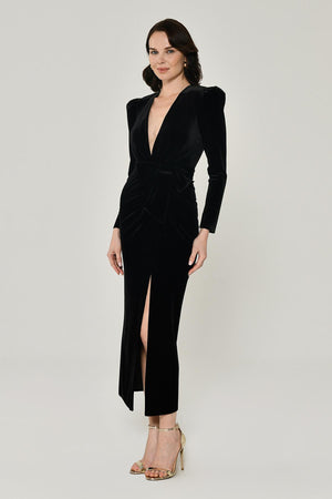 Long Sleeve Deep V-Neck Velvet Midi Dress