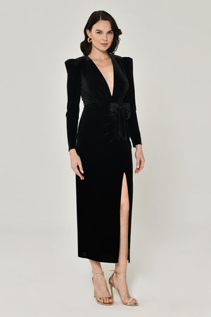 Long Sleeve Deep V-Neck Velvet Midi Dress