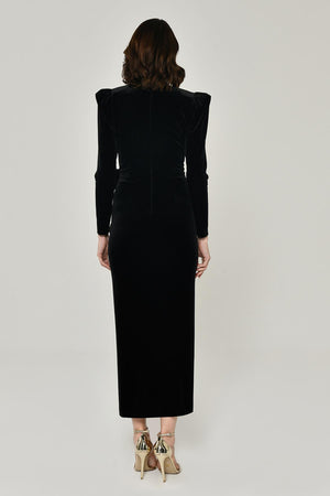 Long Sleeve Deep V-Neck Velvet Midi Dress