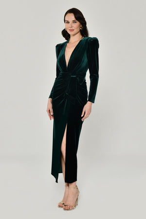 Long Sleeve Deep V-Neck Velvet Midi Dress