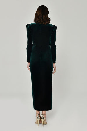Long Sleeve Deep V-Neck Velvet Midi Dress