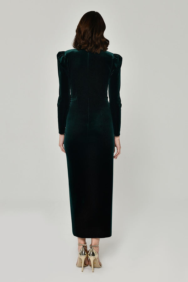 Long Sleeve Deep V-Neck Velvet Midi Dress