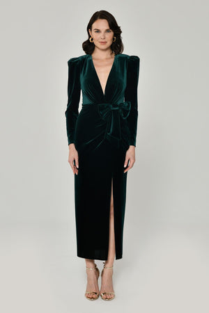 Long Sleeve Deep V-Neck Velvet Midi Dress