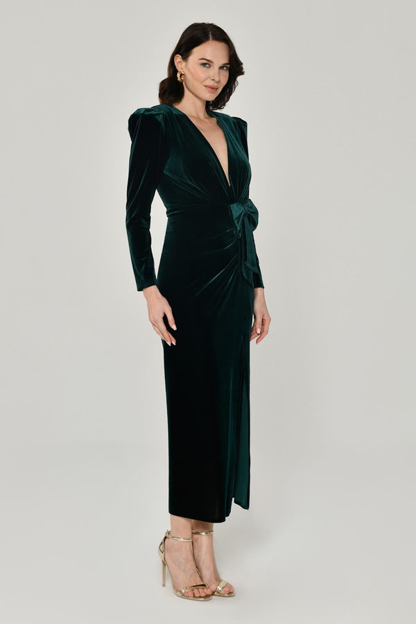 Long Sleeve Deep V-Neck Velvet Midi Dress