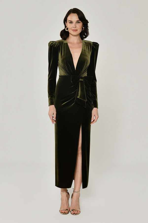 Long Sleeve Deep V-Neck Velvet Midi Dress