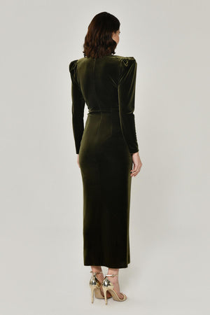 Long Sleeve Deep V-Neck Velvet Midi Dress