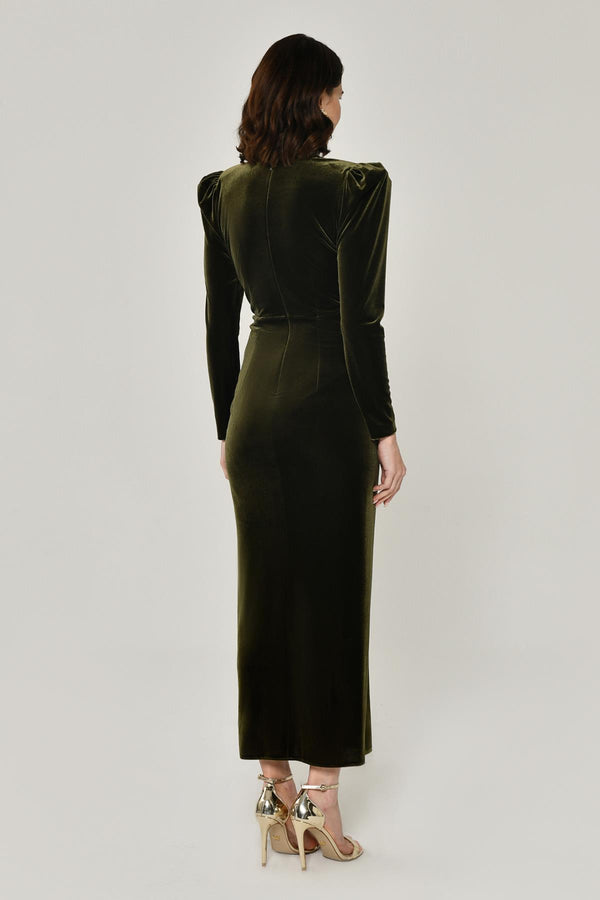 Long Sleeve Deep V-Neck Velvet Midi Dress
