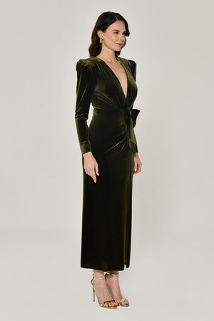 Long Sleeve Deep V-Neck Velvet Midi Dress