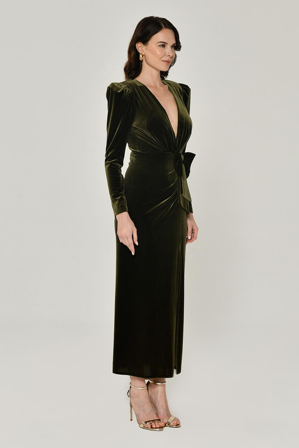 Long Sleeve Deep V-Neck Velvet Midi Dress
