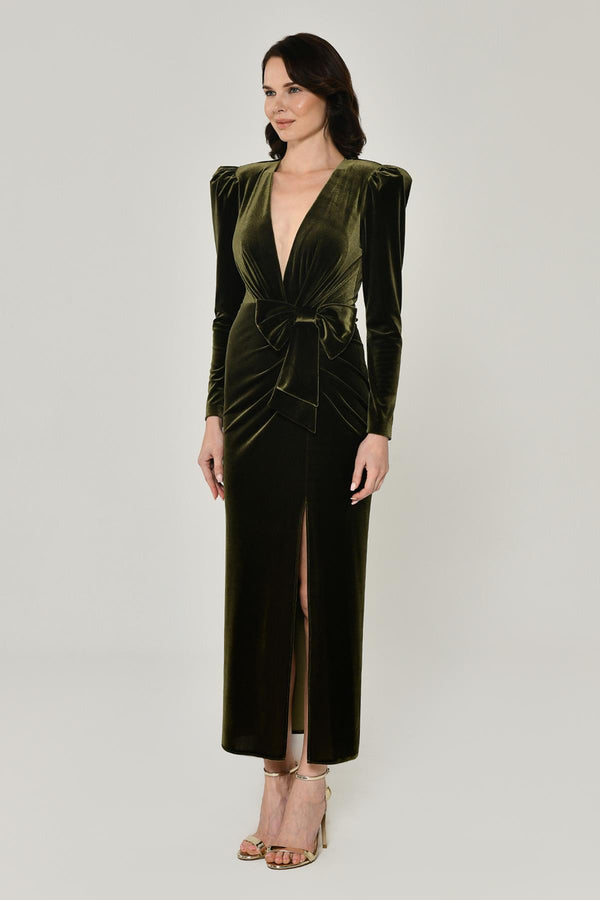 Long Sleeve Deep V-Neck Velvet Midi Dress
