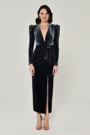 Long Sleeve Deep V-Neck Velvet Midi Dress