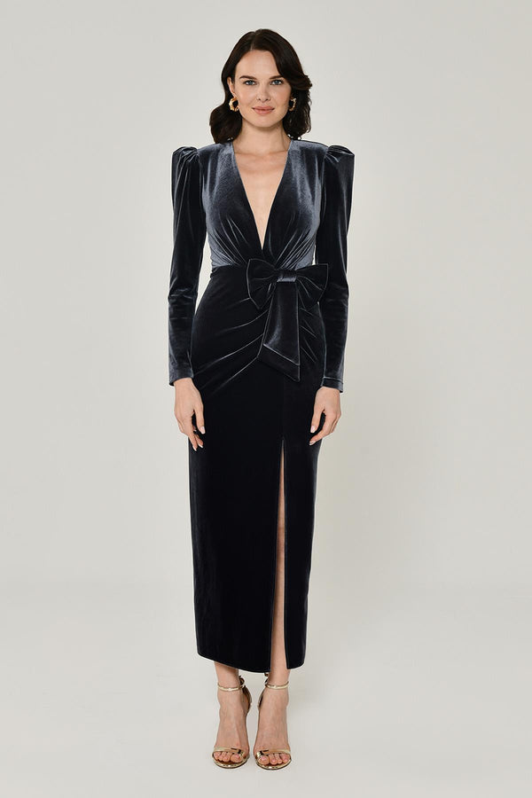 Long Sleeve Deep V-Neck Velvet Midi Dress