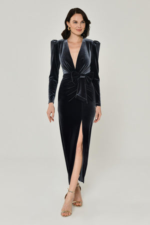 Long Sleeve Deep V-Neck Velvet Midi Dress
