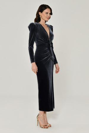 Long Sleeve Deep V-Neck Velvet Midi Dress