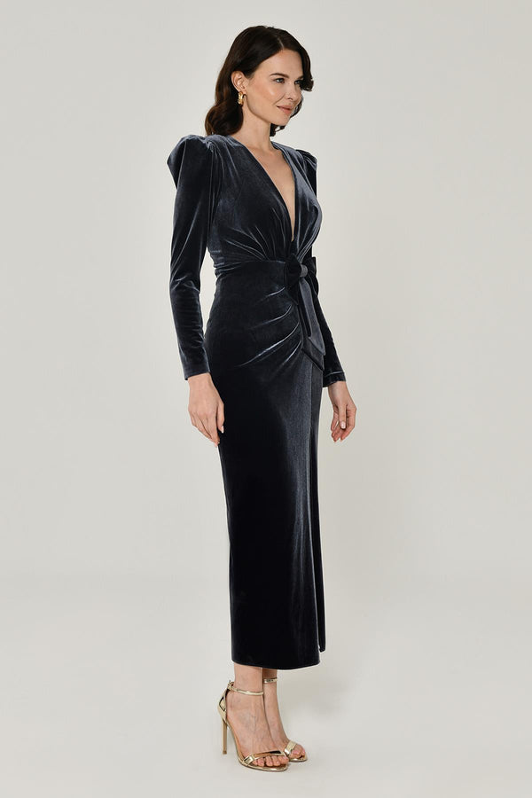 Long Sleeve Deep V-Neck Velvet Midi Dress