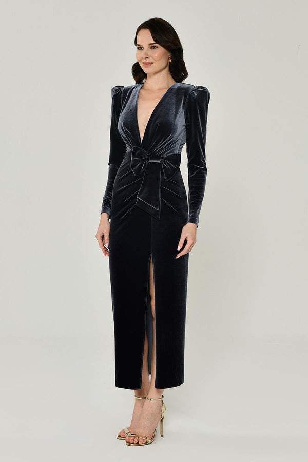 Long Sleeve Deep V-Neck Velvet Midi Dress
