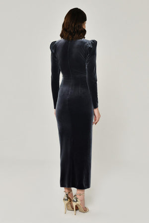 Long Sleeve Deep V-Neck Velvet Midi Dress