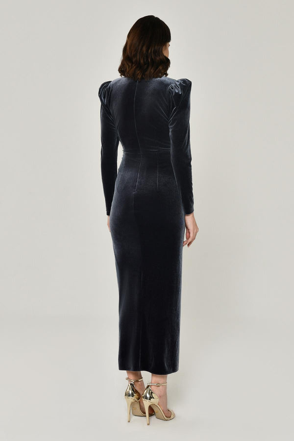 Long Sleeve Deep V-Neck Velvet Midi Dress