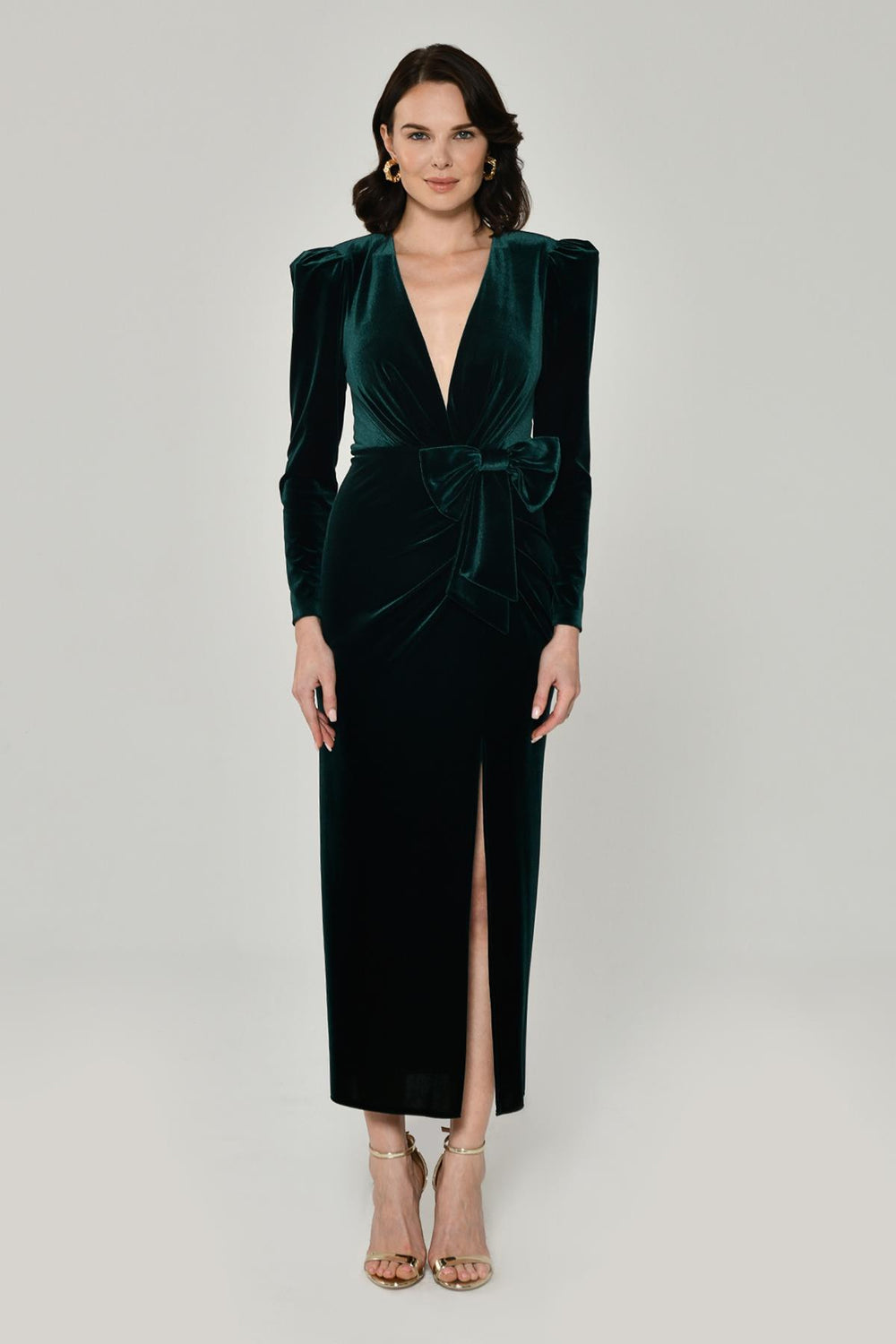 Long Sleeve Deep V-Neck Velvet Midi Dress
