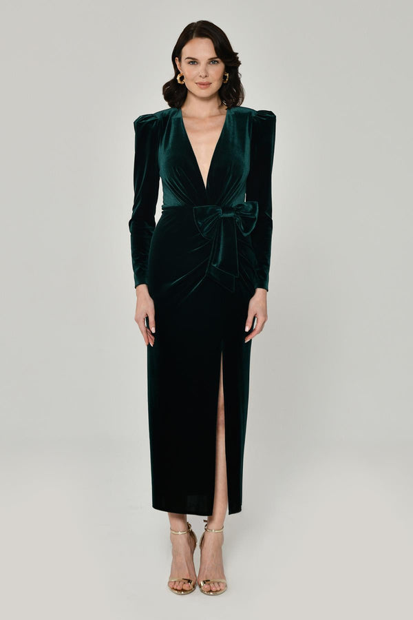 Long Sleeve Deep V-Neck Velvet Midi Dress