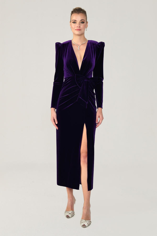 Long Sleeve Deep V-Neck Velvet Midi Dress