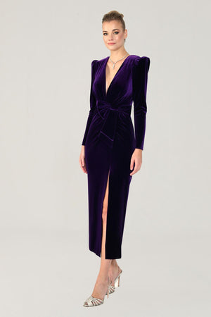Long Sleeve Deep V-Neck Velvet Midi Dress