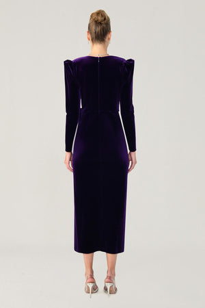 Long Sleeve Deep V-Neck Velvet Midi Dress
