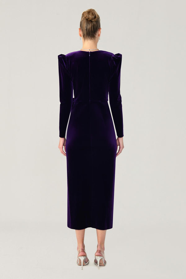 Long Sleeve Deep V-Neck Velvet Midi Dress