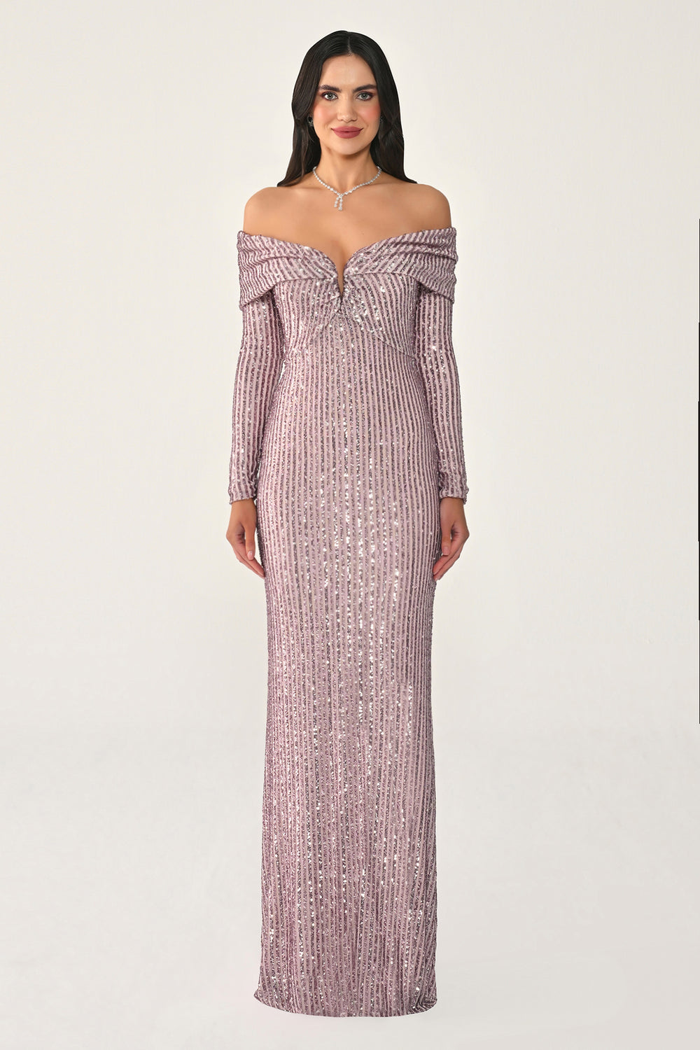 Long Sleeve Drop Shoulder Sequin Long Dress