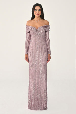 Long Sleeve Drop Shoulder Sequin Long Dress