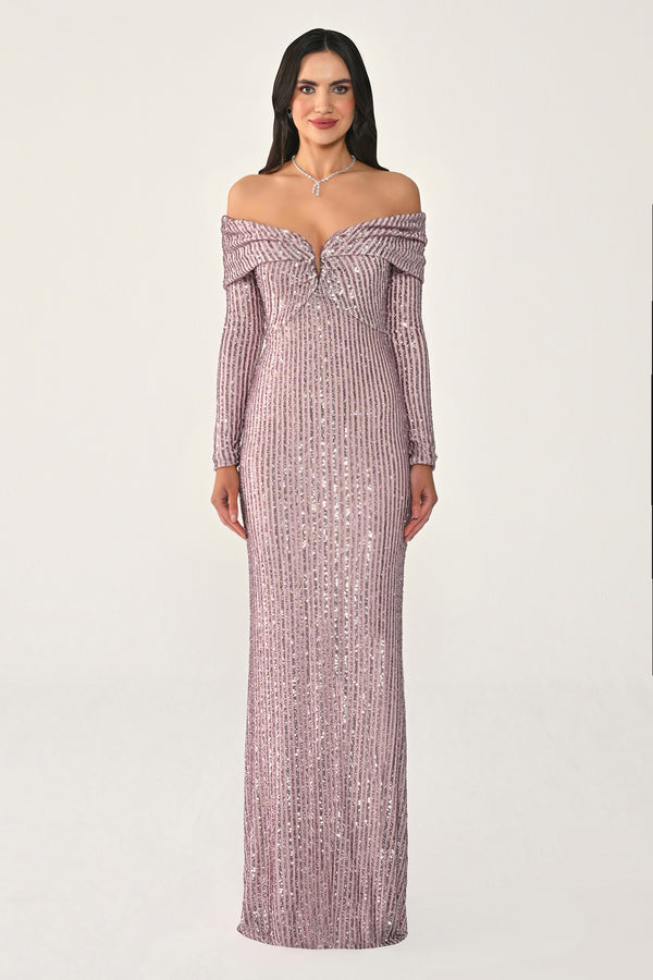 Long Sleeve Drop Shoulder Sequin Long Dress