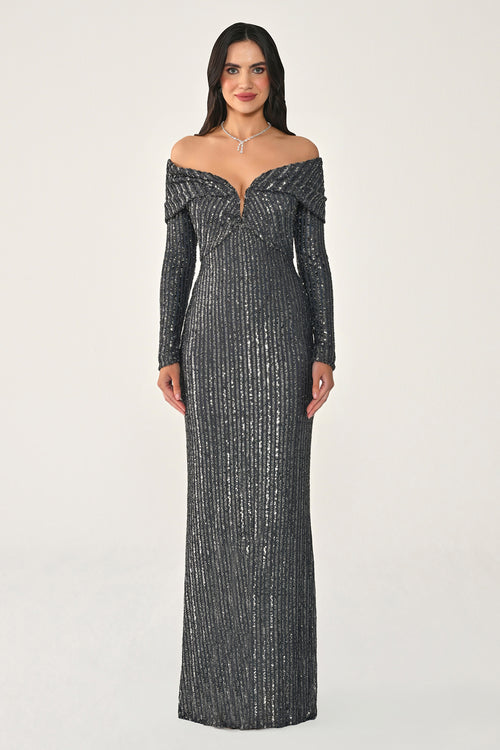 Long Sleeve Drop Shoulder Sequin Long Dress