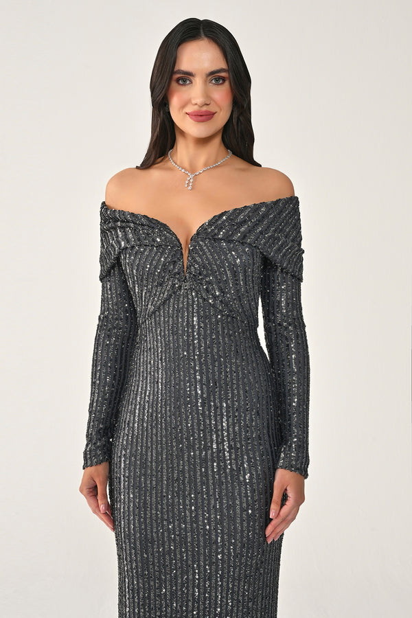 Long Sleeve Drop Shoulder Sequin Long Dress