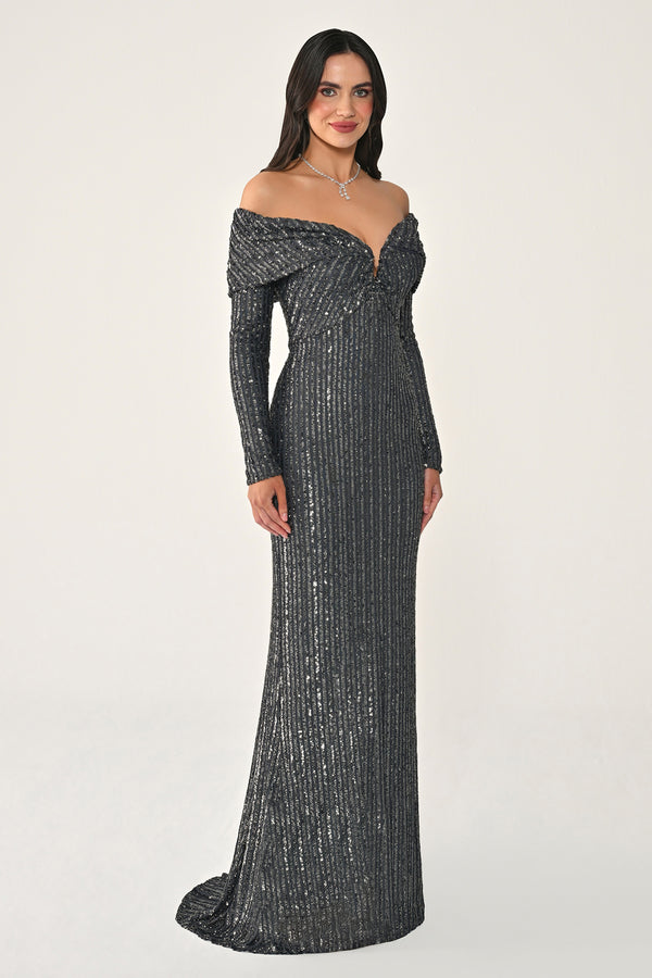 Long Sleeve Drop Shoulder Sequin Long Dress