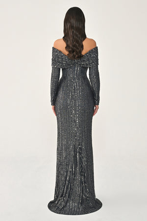 Long Sleeve Drop Shoulder Sequin Long Dress