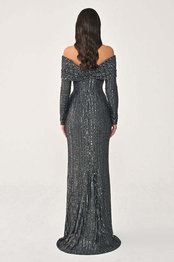 Long Sleeve Drop Shoulder Sequin Long Dress