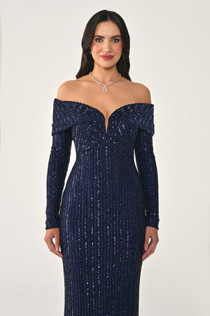 Long Sleeve Drop Shoulder Sequin Long Dress
