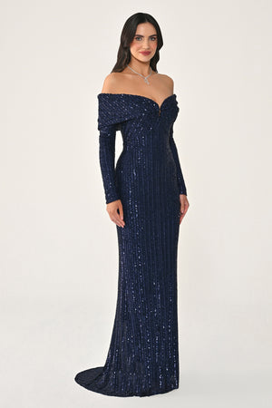 Long Sleeve Drop Shoulder Sequin Long Dress
