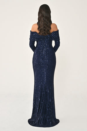 Long Sleeve Drop Shoulder Sequin Long Dress