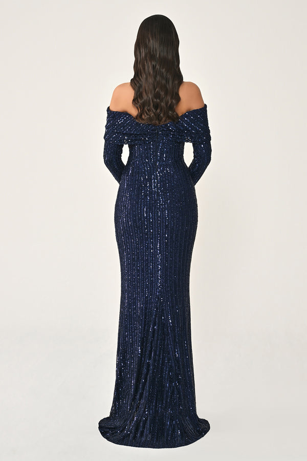 Long Sleeve Drop Shoulder Sequin Long Dress