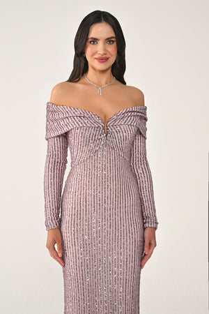 Long Sleeve Drop Shoulder Sequin Long Dress