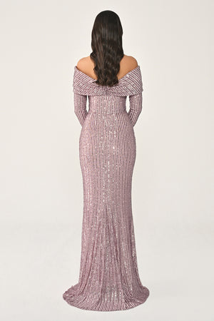 Long Sleeve Drop Shoulder Sequin Long Dress